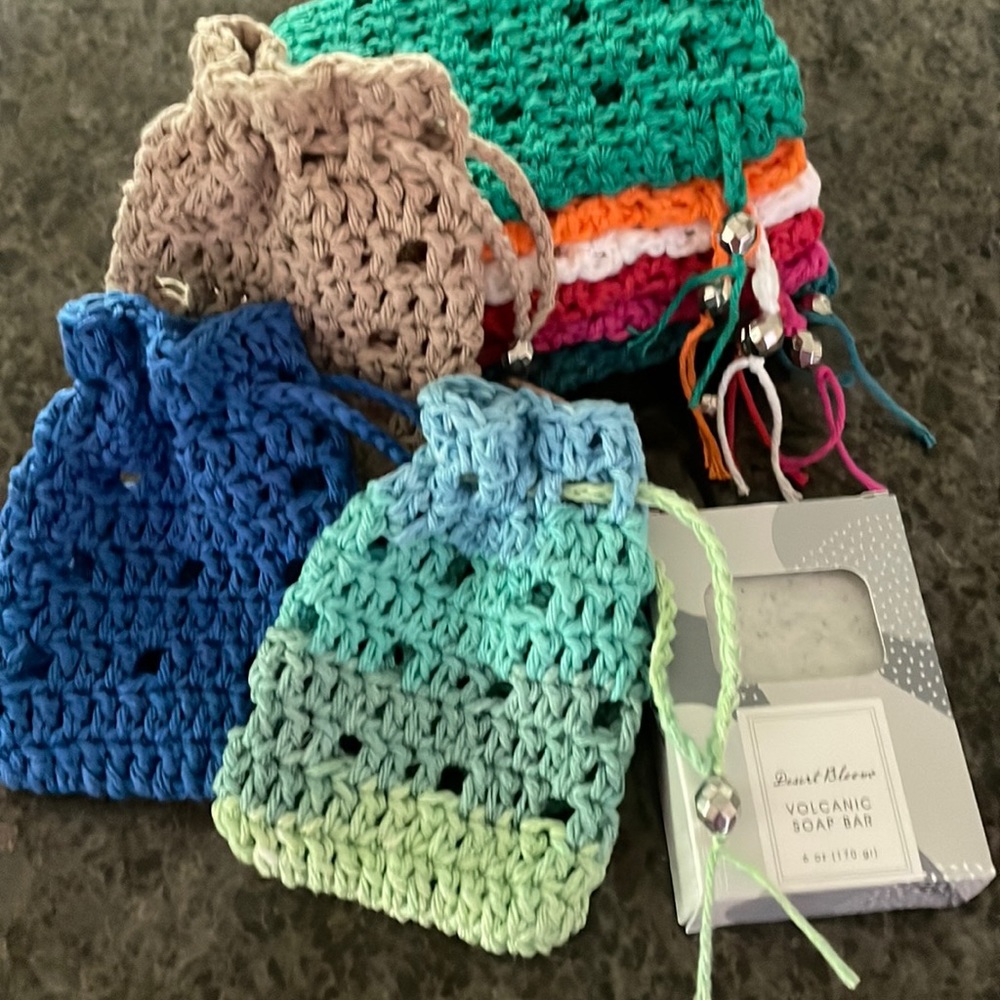 Soap Saver Soap Bag with Beaded Pull String 100% Cotton Hand Crocheted By Seller